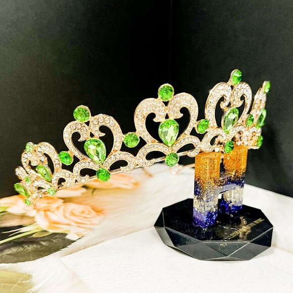 Green Rhinestone Tiara, Girl's Gold tiara, Heart shape tiara, Princess tiara - Picture 3 of 9